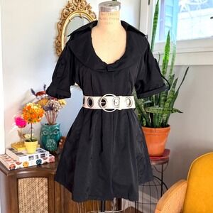 Vintage Y2K Carmen Black Short Sleeve Collared Trench Coat‎ Dress Nylon - S